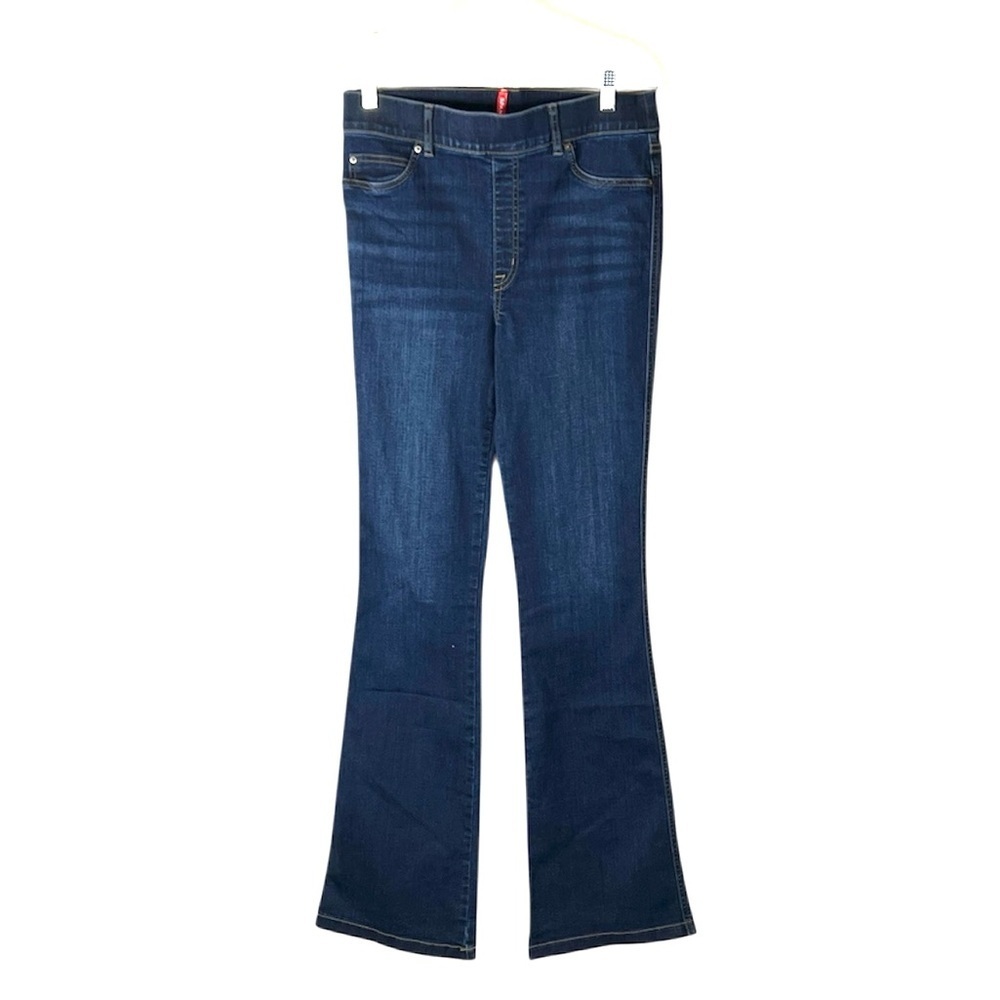 Spanx flare leg high waisted pull on denim blue jeans size large Tall